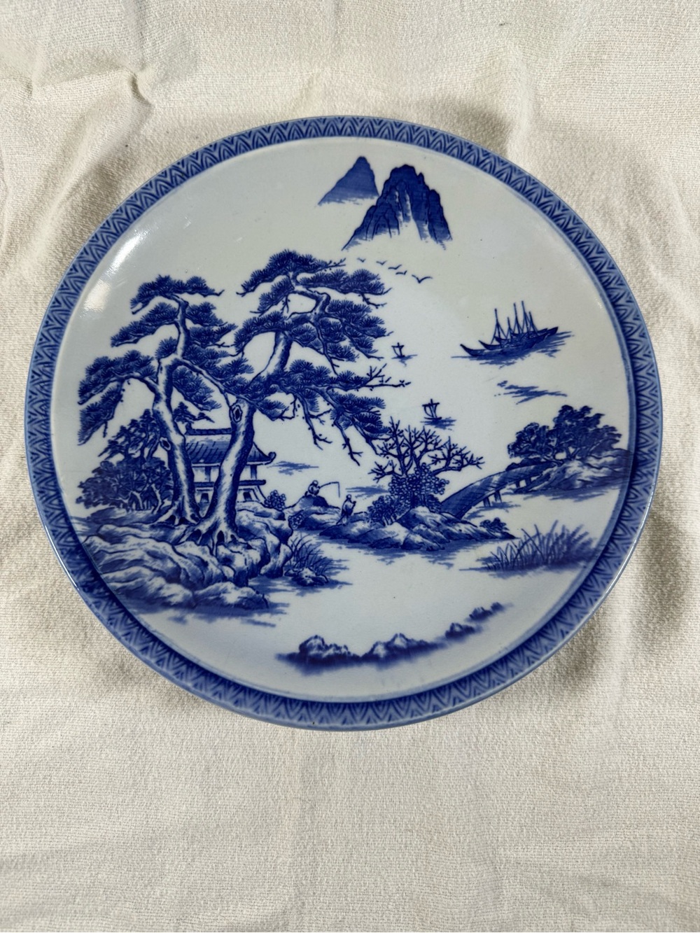 Antique Japanese Hand-Painted Blue White Porcelain 11” Decorative Plate Marked